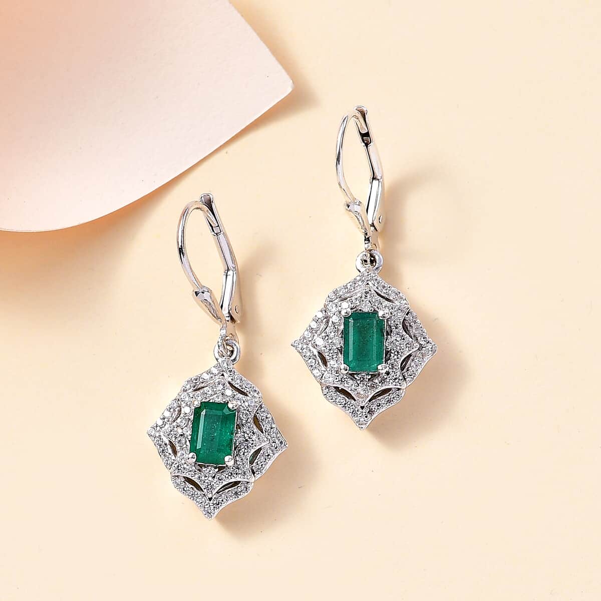 Premium Kagem Zambian Emerald and White Zircon Lever Back Earrings in Rhodium Over Sterling Silver 2.15 ctw image number 1