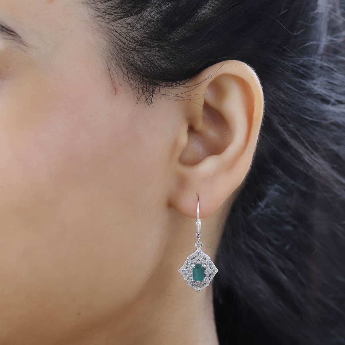 Premium Kagem Zambian Emerald and White Zircon Lever Back Earrings in Rhodium Over Sterling Silver 2.15 ctw image number 2
