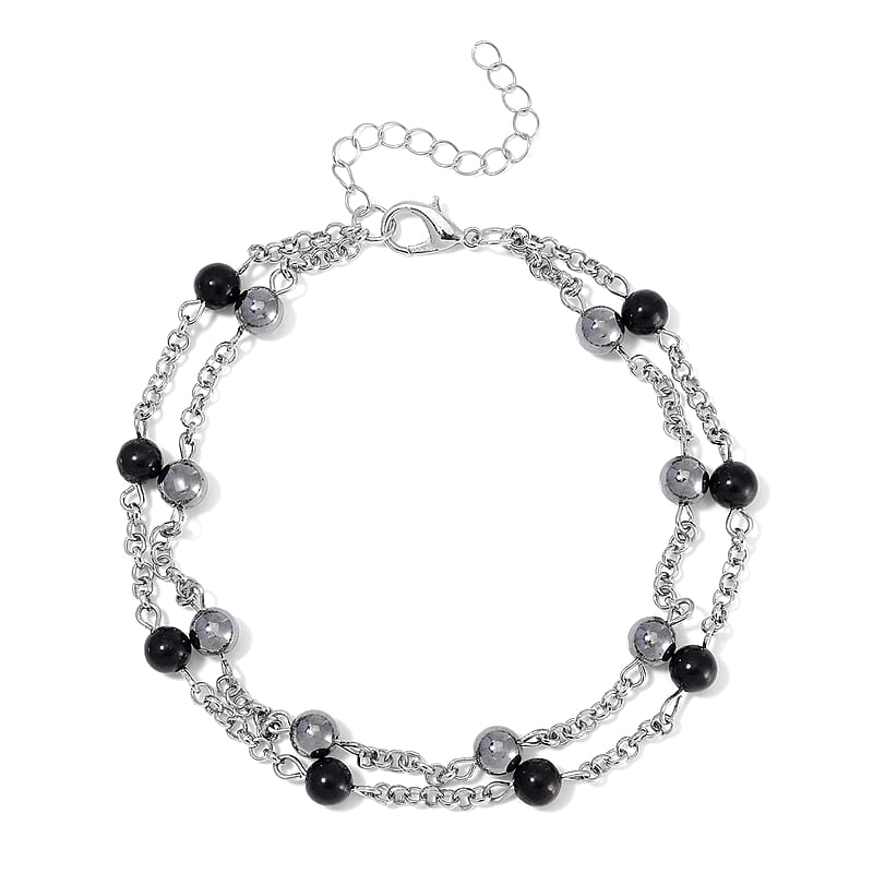 Terahertz and Shungite Beaded 2 Row Anklet in Silvertone and Stainless Steel (9.50-11.50In) 32.00 ctw