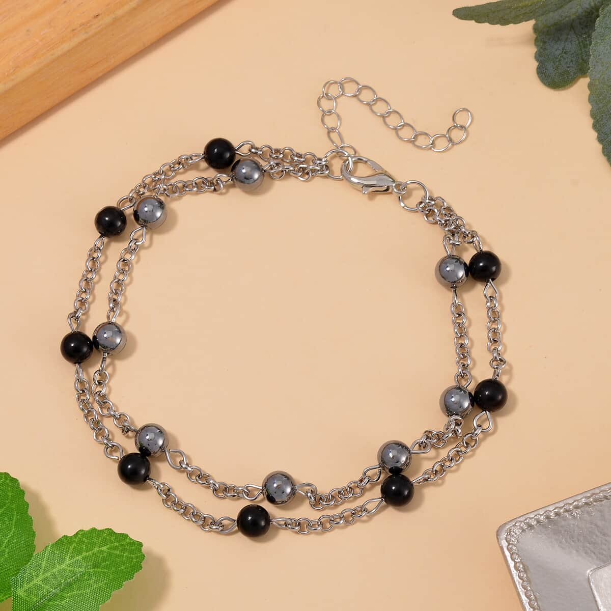 Terahertz and Shungite Beaded 2 Row Anklet in Silvertone and Stainless Steel (9.50-11.50In) 32.00 ctw image number 1