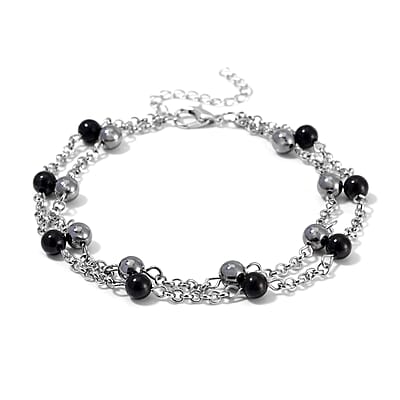 Terahertz and Shungite Beaded 2 Row Anklet in Silvertone and Stainless Steel (9.50-11.50In) 32.00 ctw