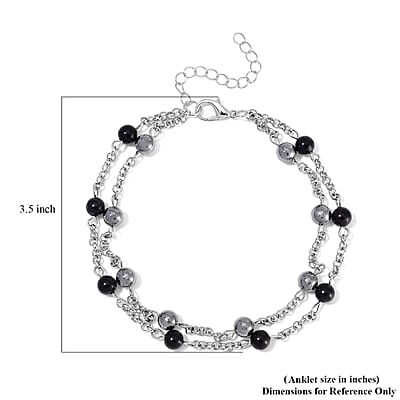 Terahertz and Shungite Beaded 2 Row Anklet in Silvertone and Stainless Steel (9.50-11.50In) 32.00 ctw