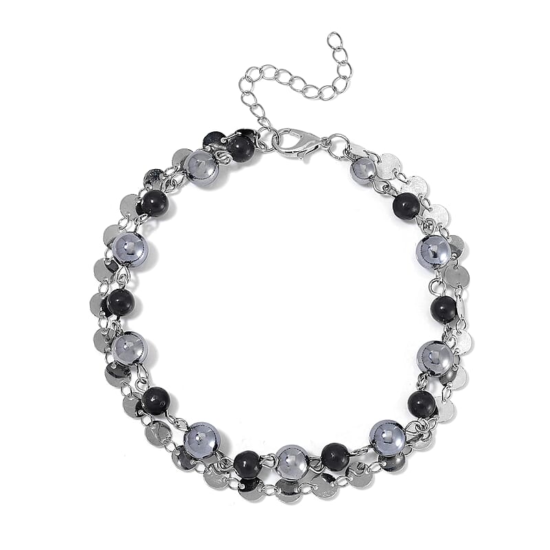 Terahertz and Shungite Beaded 2 Row Anklet in Silvertone and Stainless Steel (9.50-11.50In) 46.00 ctw