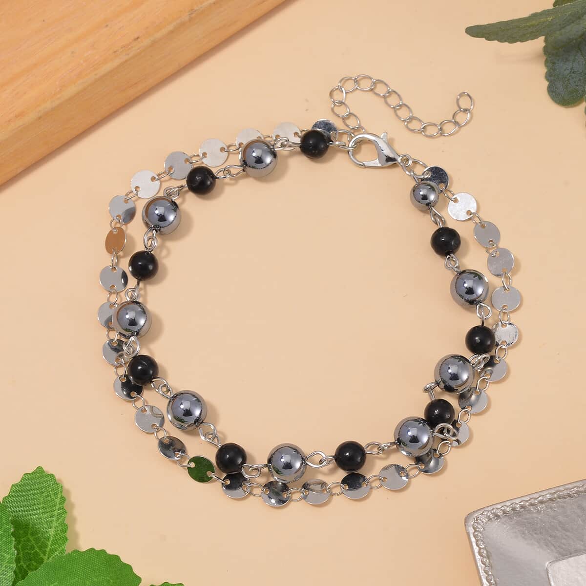 Terahertz and Shungite Beaded 2 Row Anklet in Silvertone and Stainless Steel (9.50-11.50In) 46.00 ctw image number 1