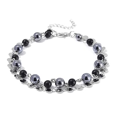 Terahertz and Shungite Beaded 2 Row Anklet in Silvertone and Stainless Steel (9.50-11.50In) 46.00 ctw