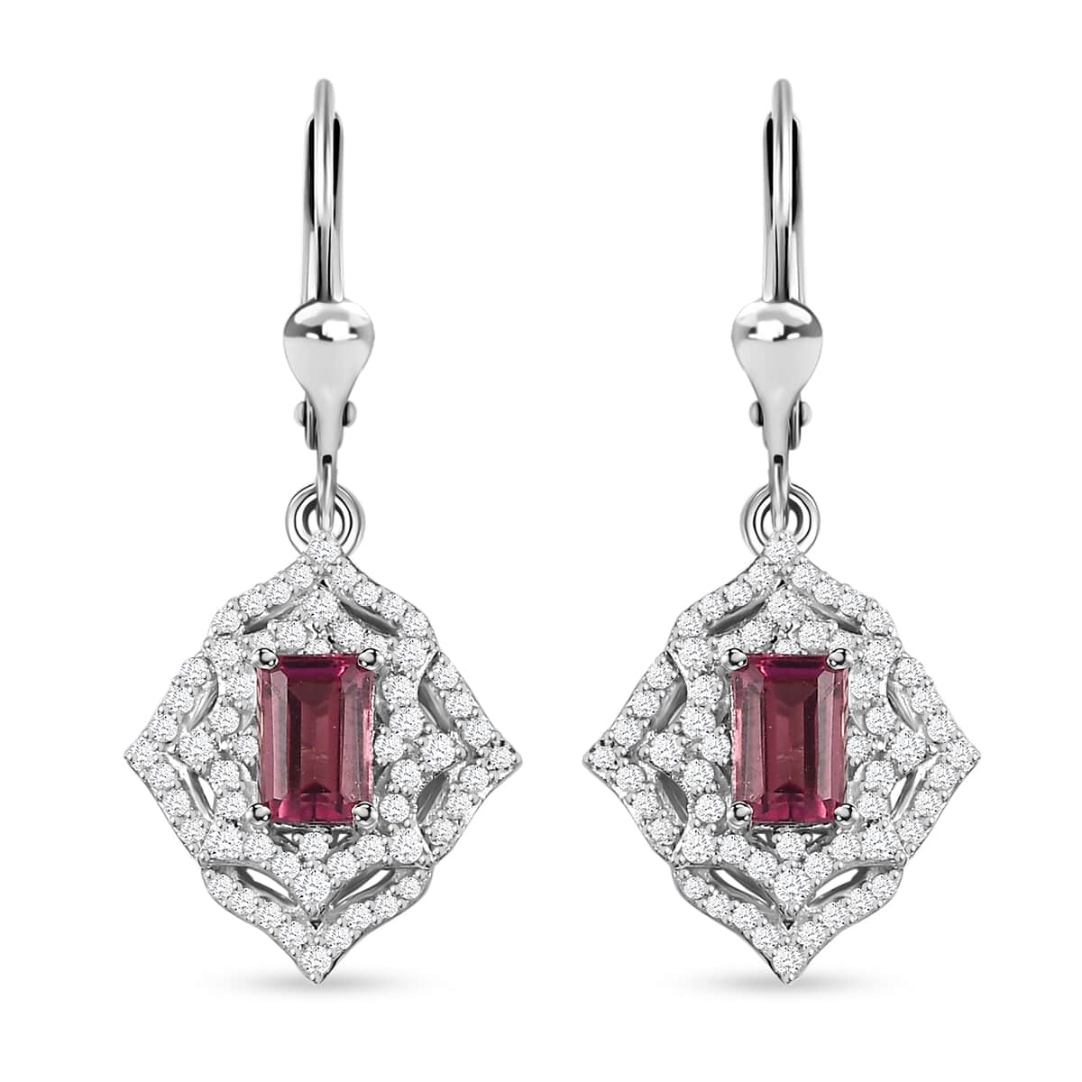 Premium Ofiki Rubellite and White Zircon Lever Back Earrings in Rhodium Over Sterling Silver 2.25 ctw image number 0