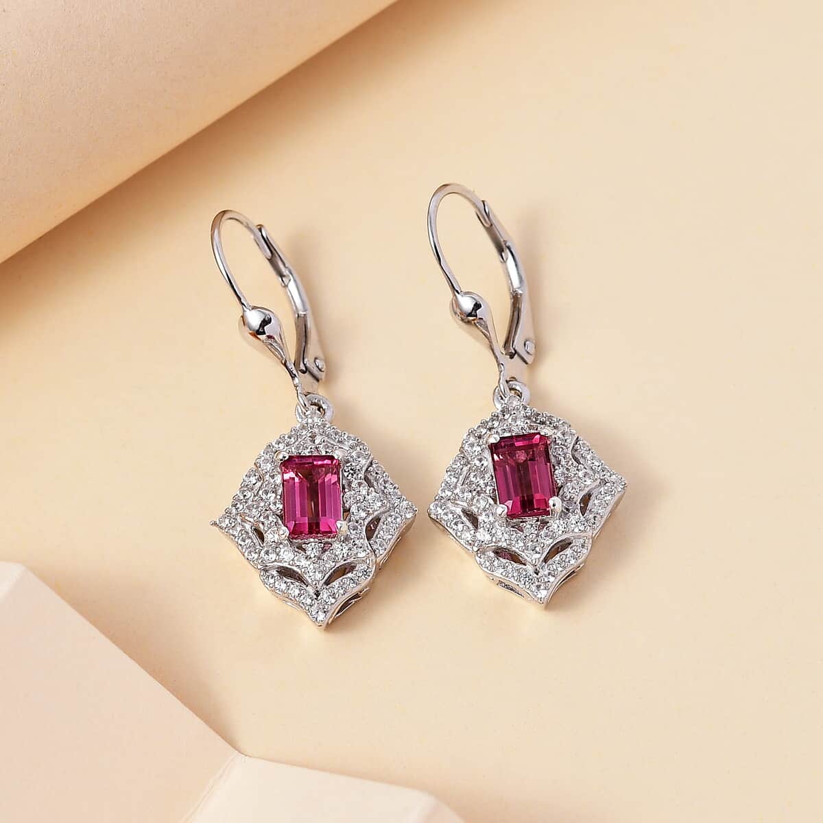 Premium Ofiki Rubellite and White Zircon Lever Back Earrings in Rhodium Over Sterling Silver 2.25 ctw image number 1