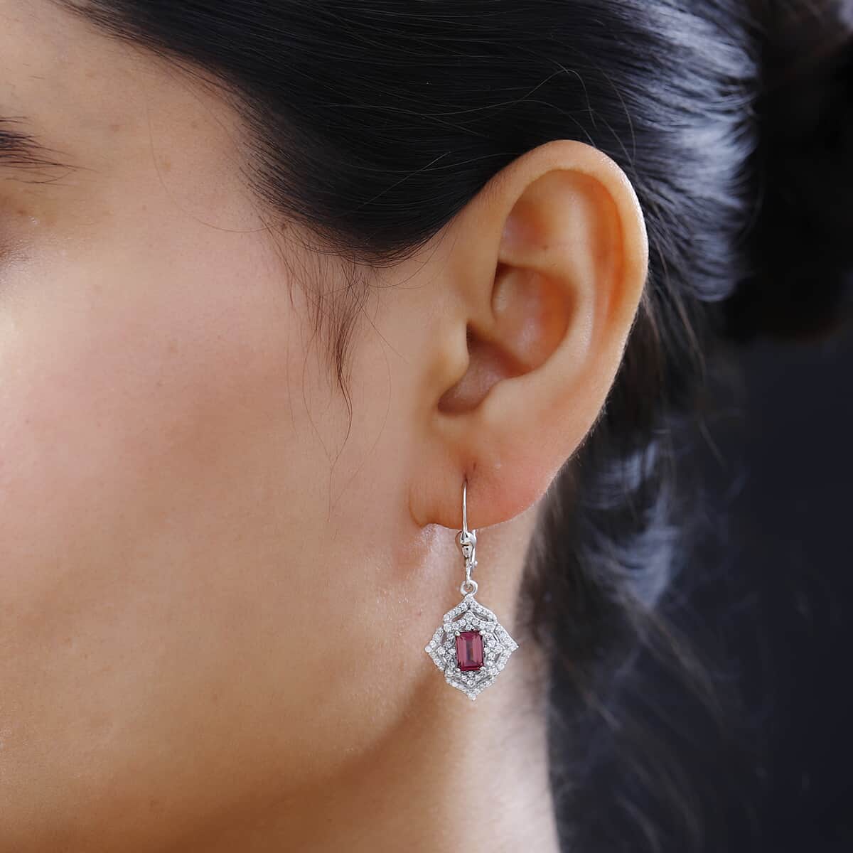 Premium Ofiki Rubellite and White Zircon Lever Back Earrings in Rhodium Over Sterling Silver 2.25 ctw image number 2