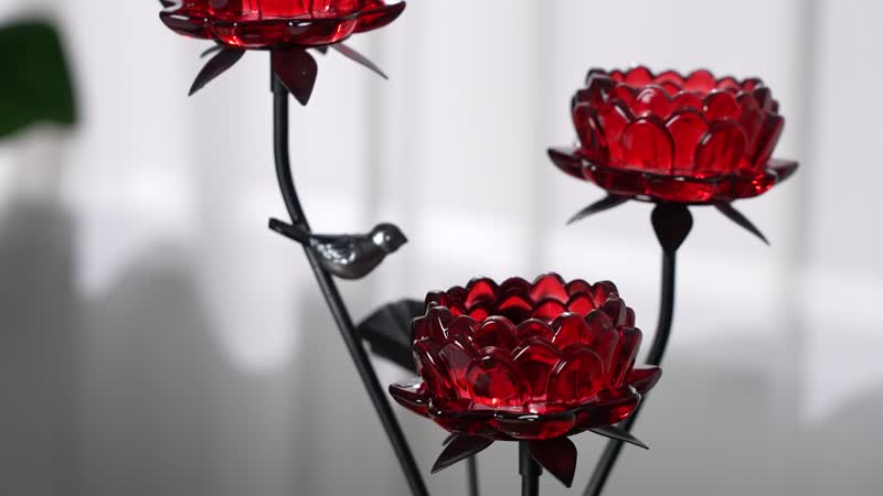 Flower Tree Cup Candle Holder with 3 Clear Red Glass