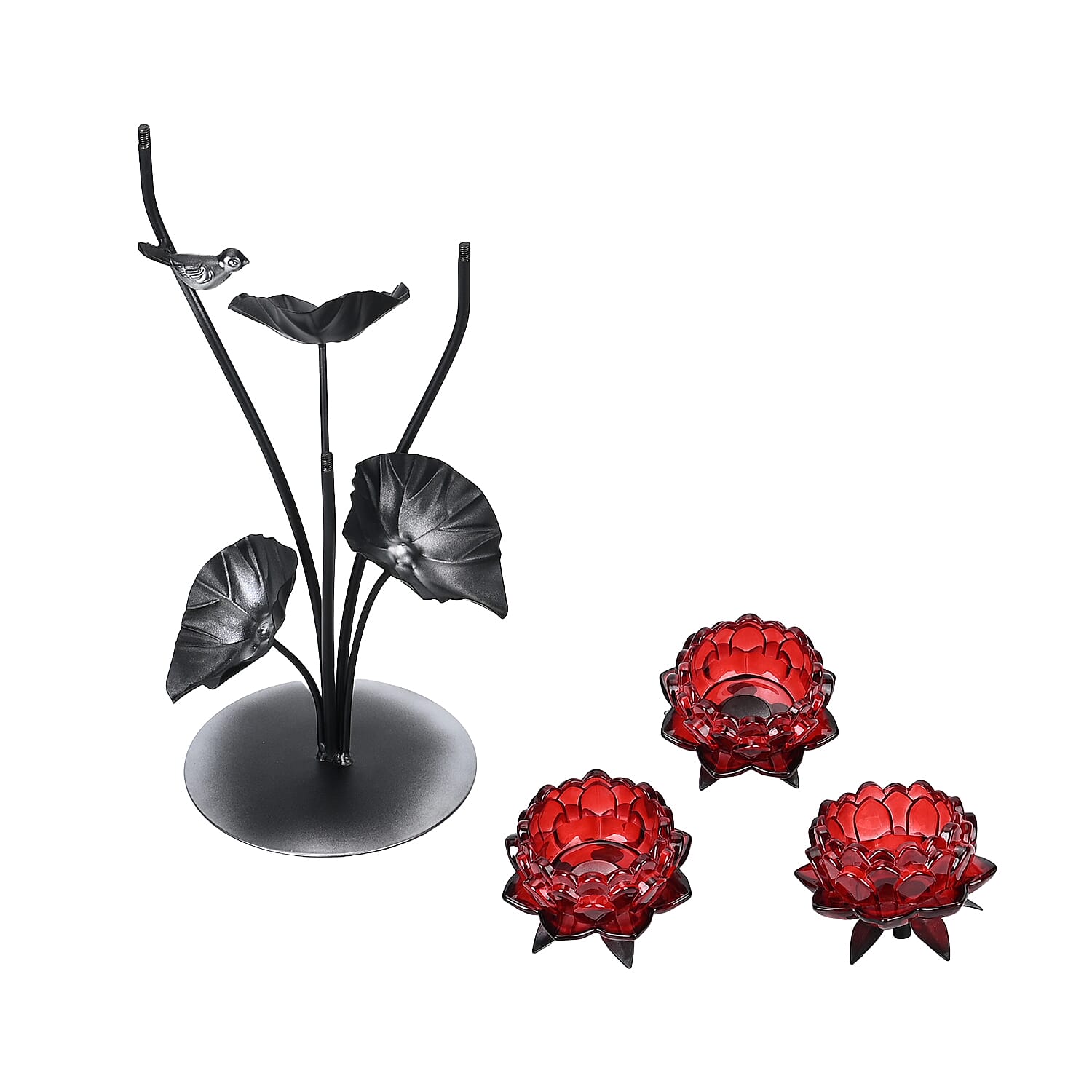 Flower Tree Cup Candle Holder with 3 Clear Red Glass