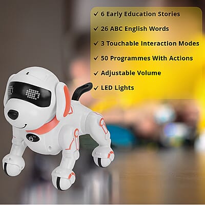 Orange Remote Control Robotic Toy Dog Touchable Interaction in 3 Modes, Programmable with 50 Actions, Adjustable Volume, 6 Early Education Stories, 26 ABC English Words