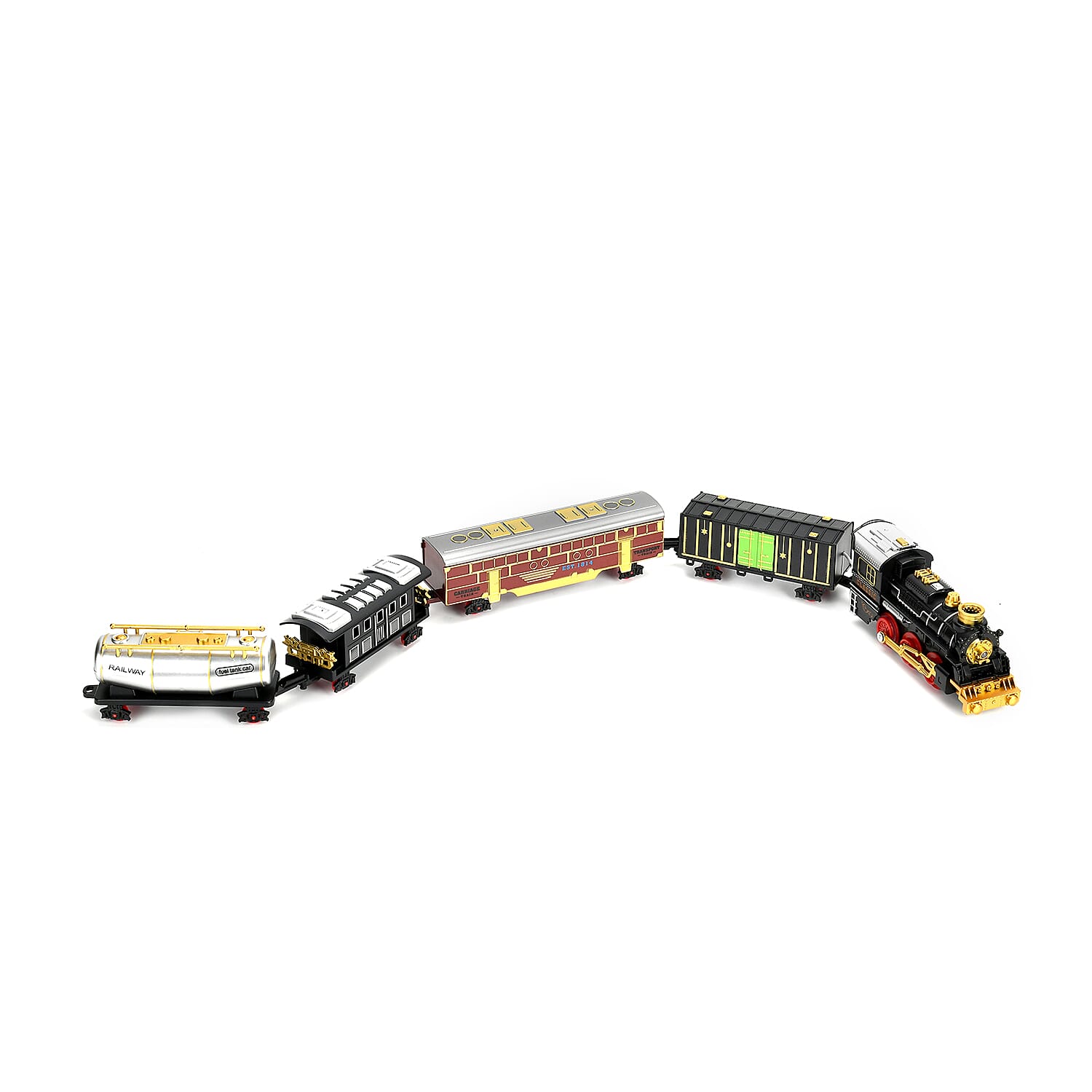 Classical Steam Powered Electric Toy Train with 5 Carriages, Mist Bottles, 1 Switch Track, 8 Curved Tracks and 3 Straight Tracks