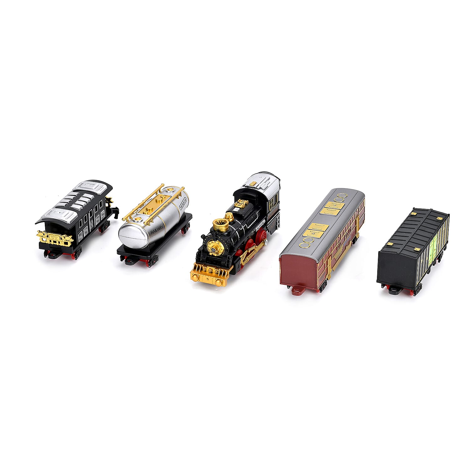 Classical Steam Powered Electric Toy Train with 5 Carriages, Mist Bottles, 1 Switch Track, 8 Curved Tracks and 3 Straight Tracks