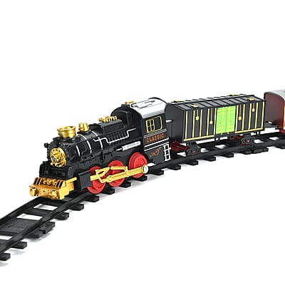 Classical Steam Powered Electric Toy Train with 5 Carriages, Mist Bottles, 1 Switch Track, 8 Curved Tracks and 3 Straight Tracks