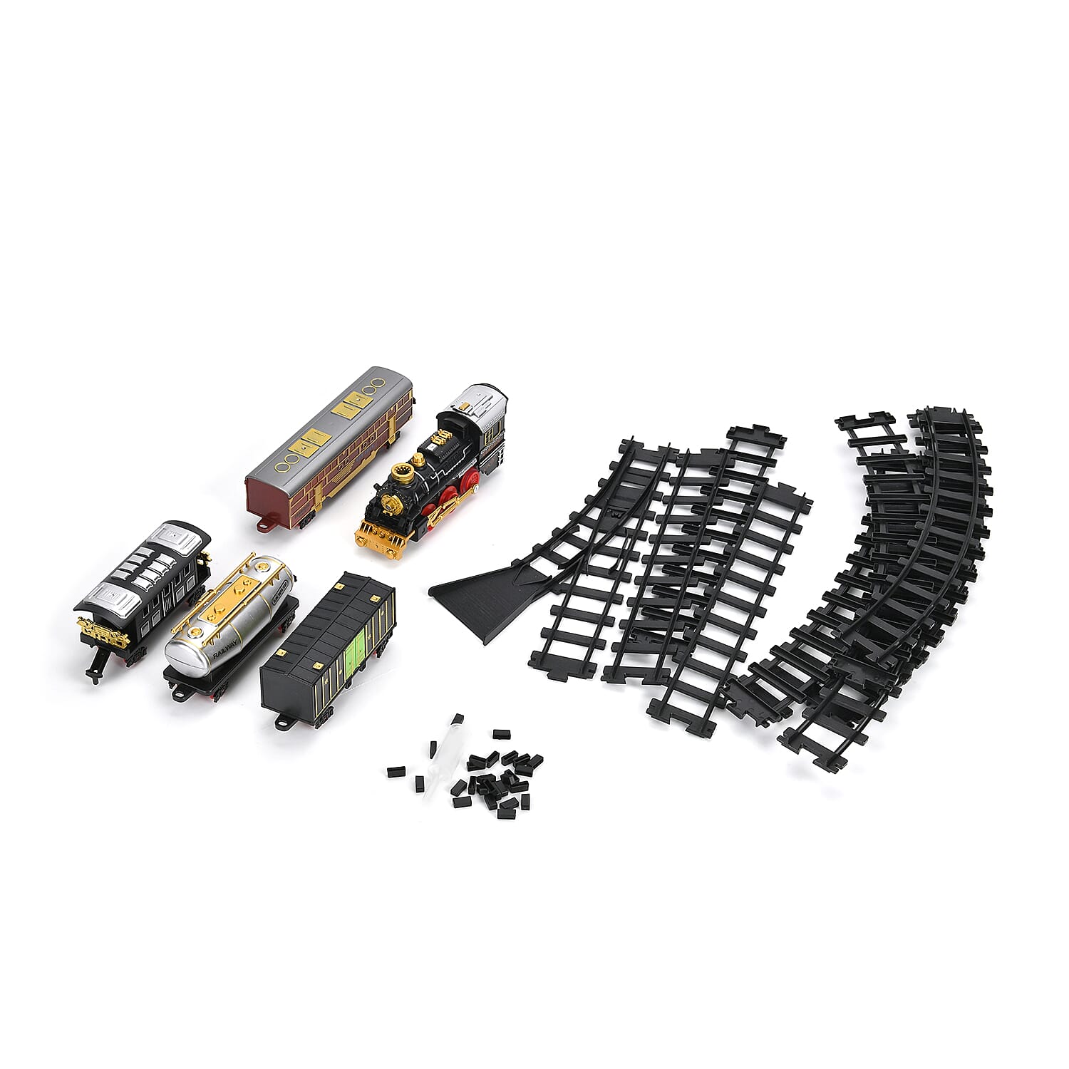 Classical Steam Powered Electric Toy Train with 5 Carriages, Mist Bottles, 1 Switch Track, 8 Curved Tracks and 3 Straight Tracks