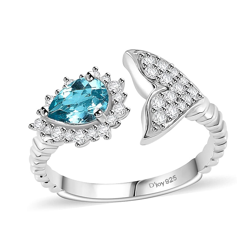 Betroka Blue Apatite and White Zircon Fish Tail Ring in Rhodium Over Sterling Silver (Size 5.0) 1.15 ctw
