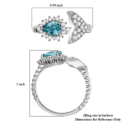 Betroka Blue Apatite and White Zircon Fish Tail Ring in Rhodium Over Sterling Silver (Size 5.0) 1.15 ctw