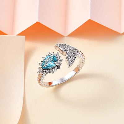 Betroka Blue Apatite and White Zircon Fish Tail Ring in Rhodium Over Sterling Silver (Size 7.0) 1.15 ctw