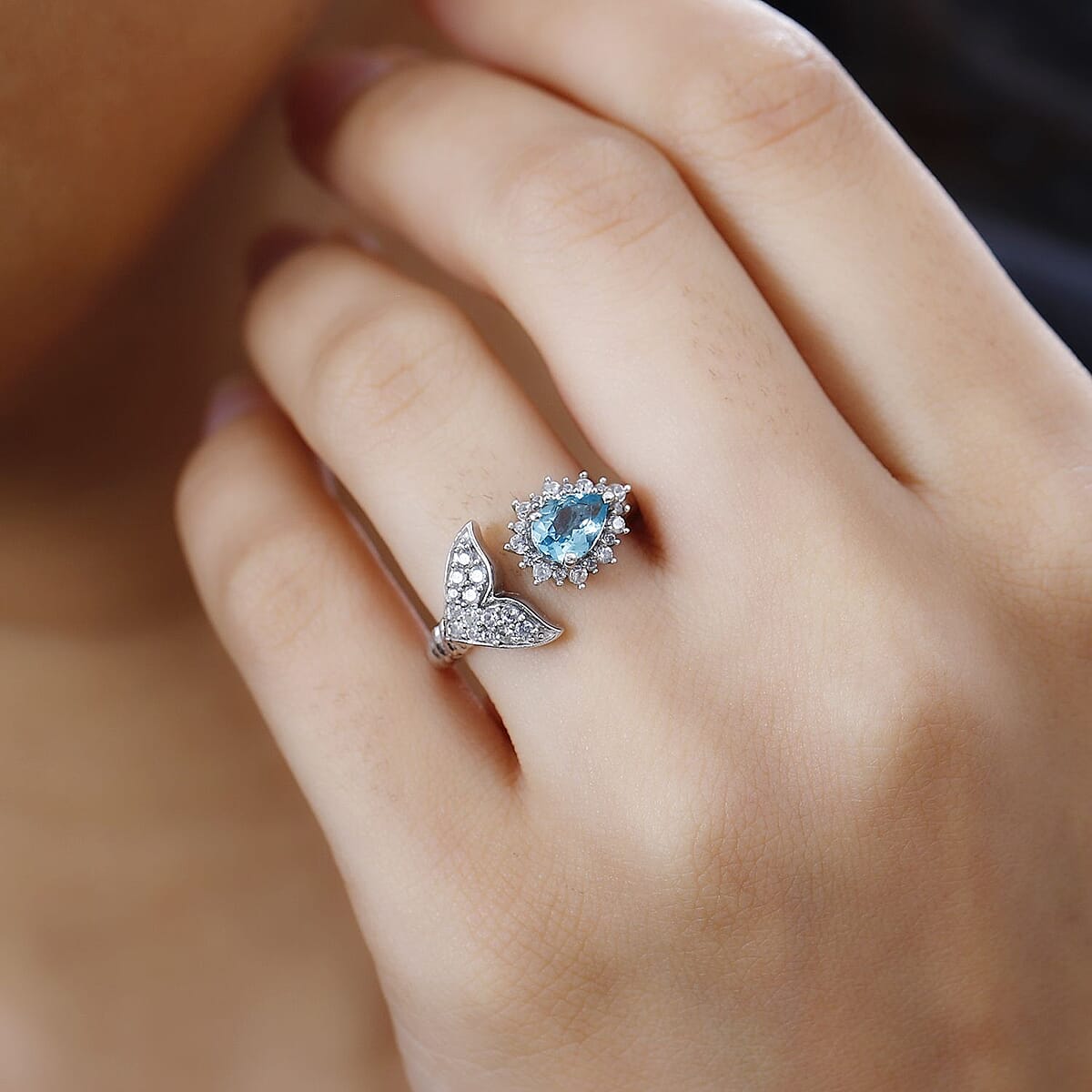 Betroka Blue Apatite and White Zircon Fish Tail Ring in Rhodium Over Sterling Silver (Size 7.0) 1.15 ctw image number 2