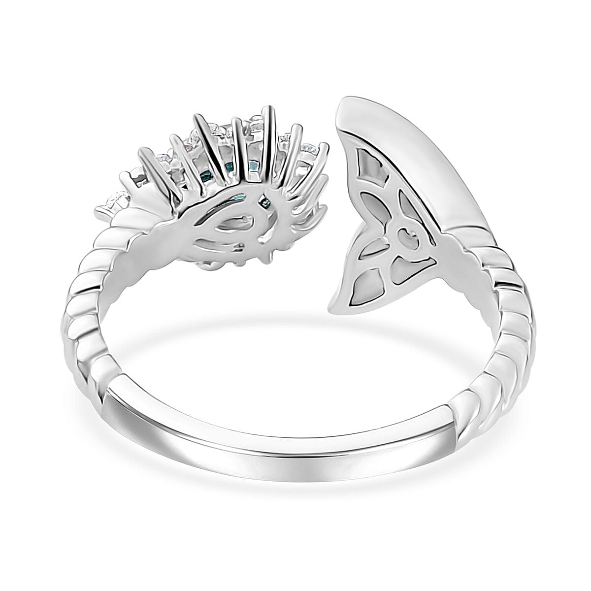 Betroka Blue Apatite and White Zircon Fish Tail Ring in Rhodium Over Sterling Silver (Size 7.0) 1.15 ctw