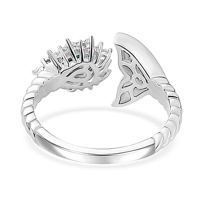 Betroka Blue Apatite and White Zircon Fish Tail Ring in Rhodium Over Sterling Silver (Size 7.0) 1.15 ctw