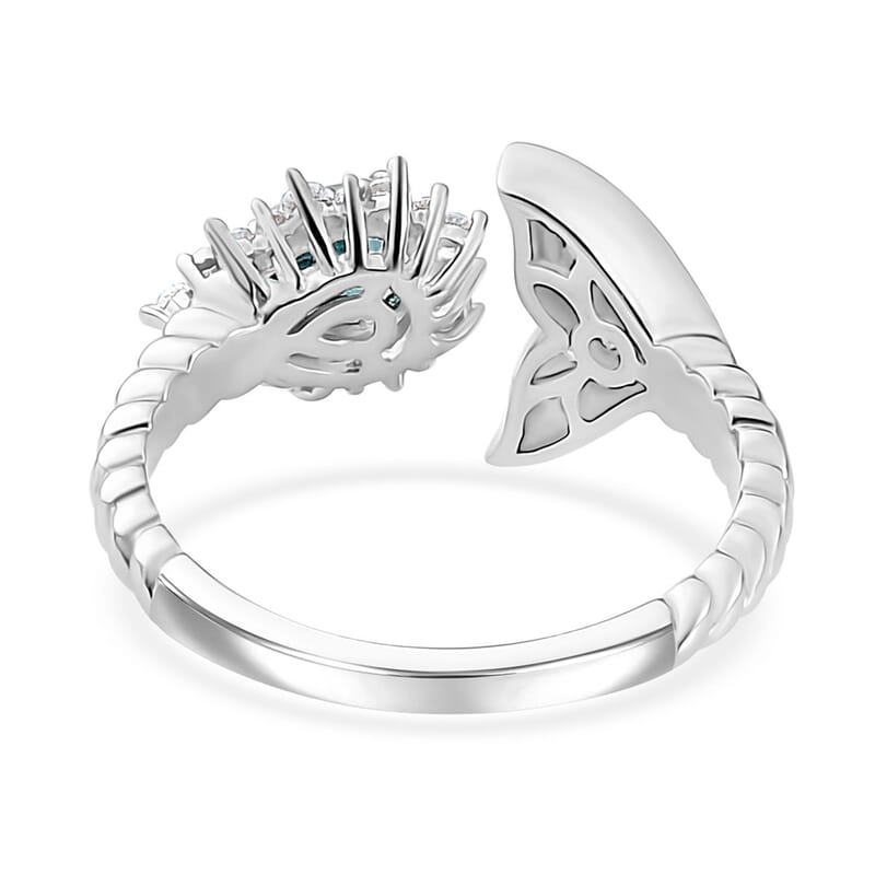 Betroka Blue Apatite and White Zircon Fish Tail Ring in Rhodium Over Sterling Silver (Size 7.0) 1.15 ctw