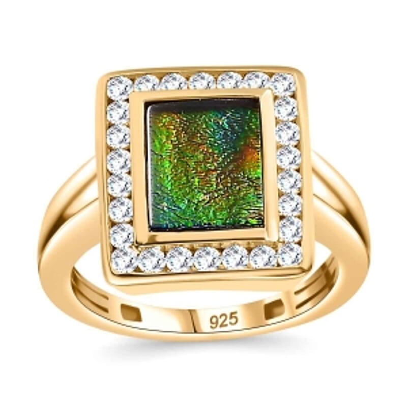 Ammolite and White Zircon 2.62 ctw Ring in Vermeil Yellow Gold Over Sterling Silver (Size 9)