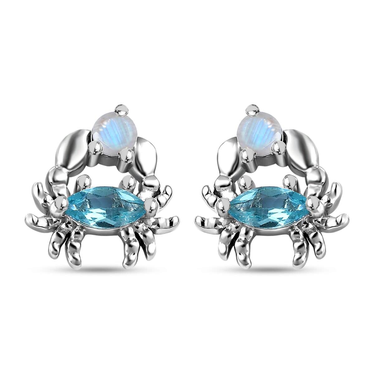 Betroka Blue Apatite and Rainbow Moonstone Crab Stud Earrings in Rhodium Over Sterling Silver 0.75 ctw image number 0