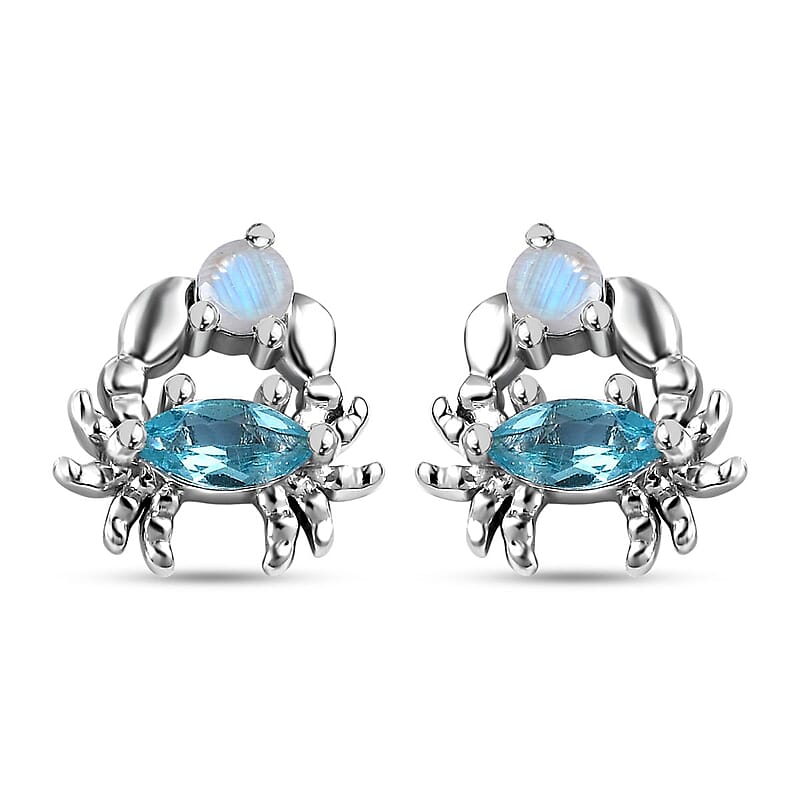 Betroka Blue Apatite and Rainbow Moonstone Crab Stud Earrings in Rhodium Over Sterling Silver 0.75 ctw