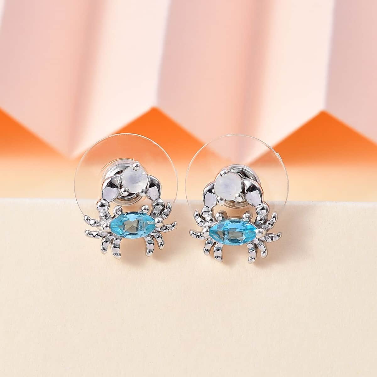 Betroka Blue Apatite and Rainbow Moonstone Crab Stud Earrings in Rhodium Over Sterling Silver 0.75 ctw image number 1