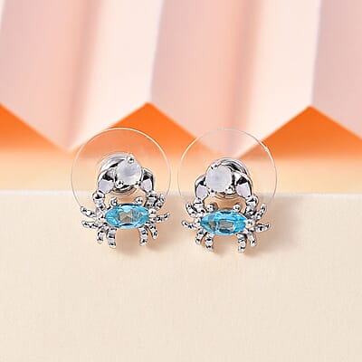 Betroka Blue Apatite and Rainbow Moonstone Crab Stud Earrings in Rhodium Over Sterling Silver 0.75 ctw