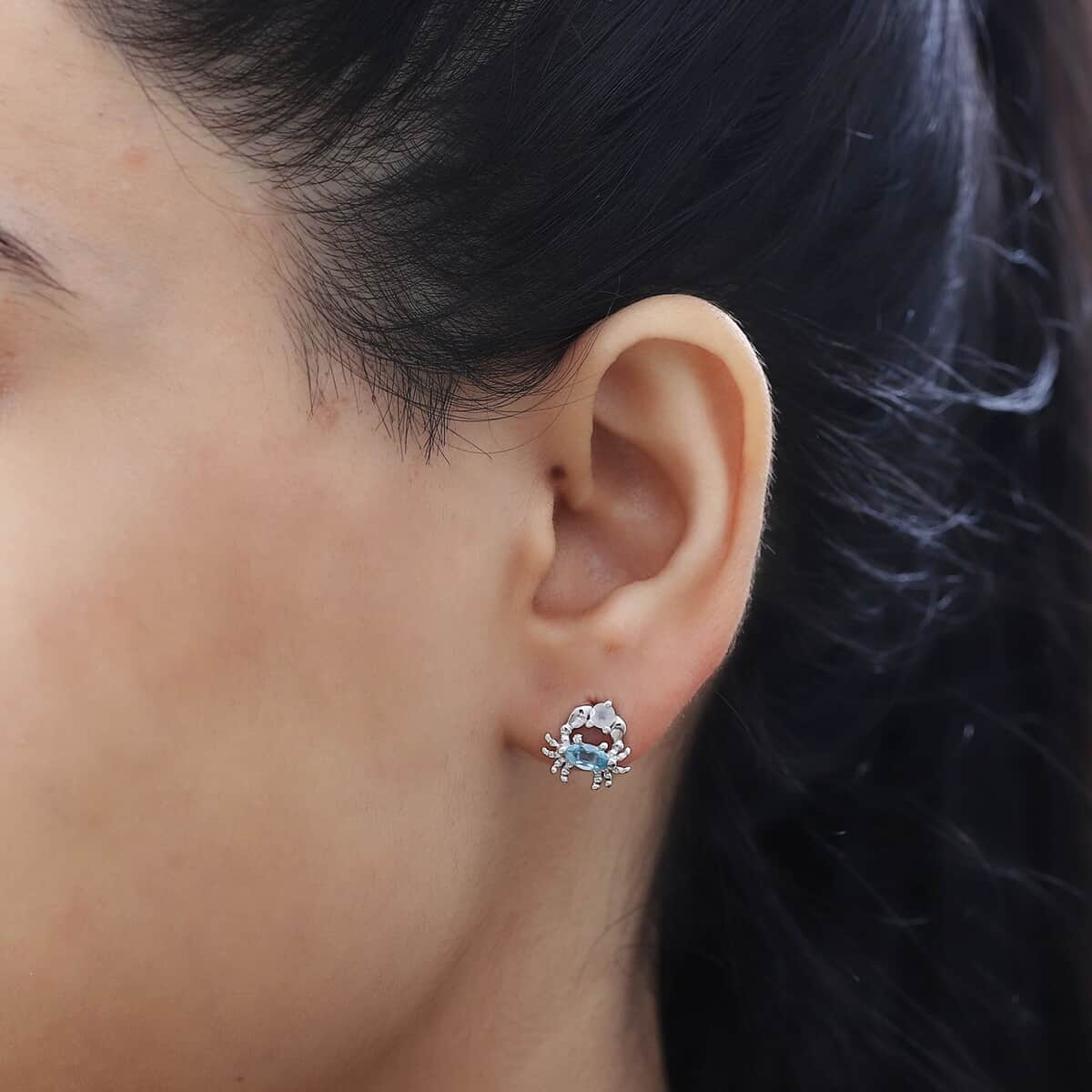 Betroka Blue Apatite and Rainbow Moonstone Crab Stud Earrings in Rhodium Over Sterling Silver 0.75 ctw image number 2