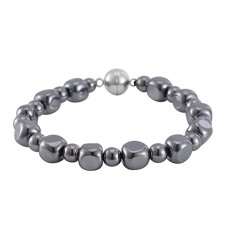 Terahertz Cushion and Round Beaded Stretch Bracelet with Magnetic Lock in Stainless Steel (8.00 In) 92.00 ctw