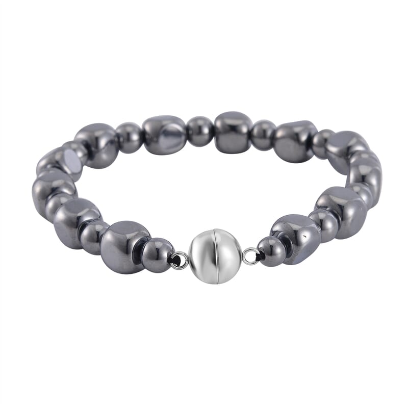 Terahertz Cushion and Round Beaded Stretch Bracelet with Magnetic Lock in Stainless Steel (8.00 In) 92.00 ctw
