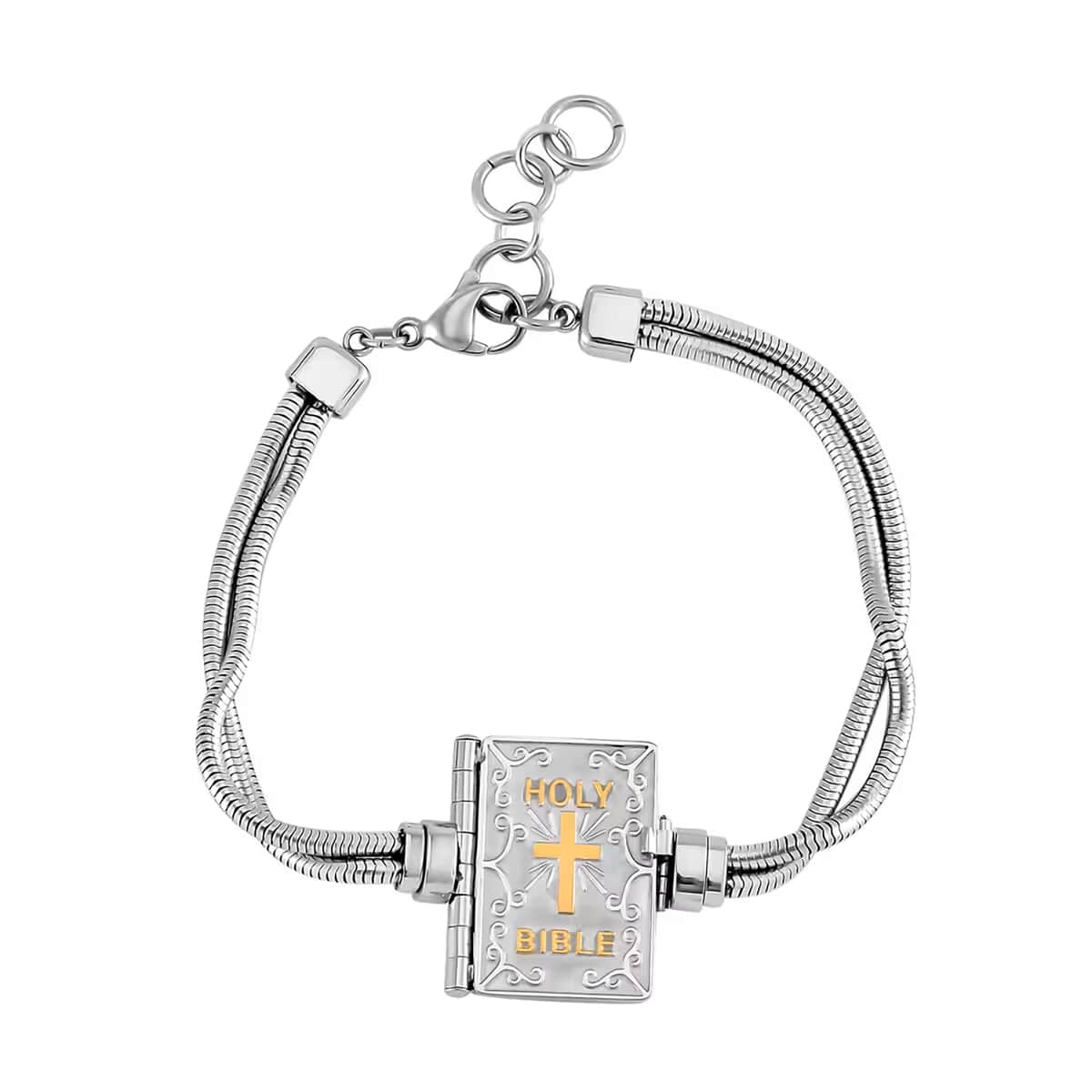 Bible Book Charm Bracelet in ION Plated YG and Stainless Steel (7.5-9.0In) image number 0