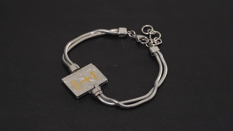 Bible Book Charm Bracelet in ION Plated YG and Stainless Steel (7.5-9.0In)