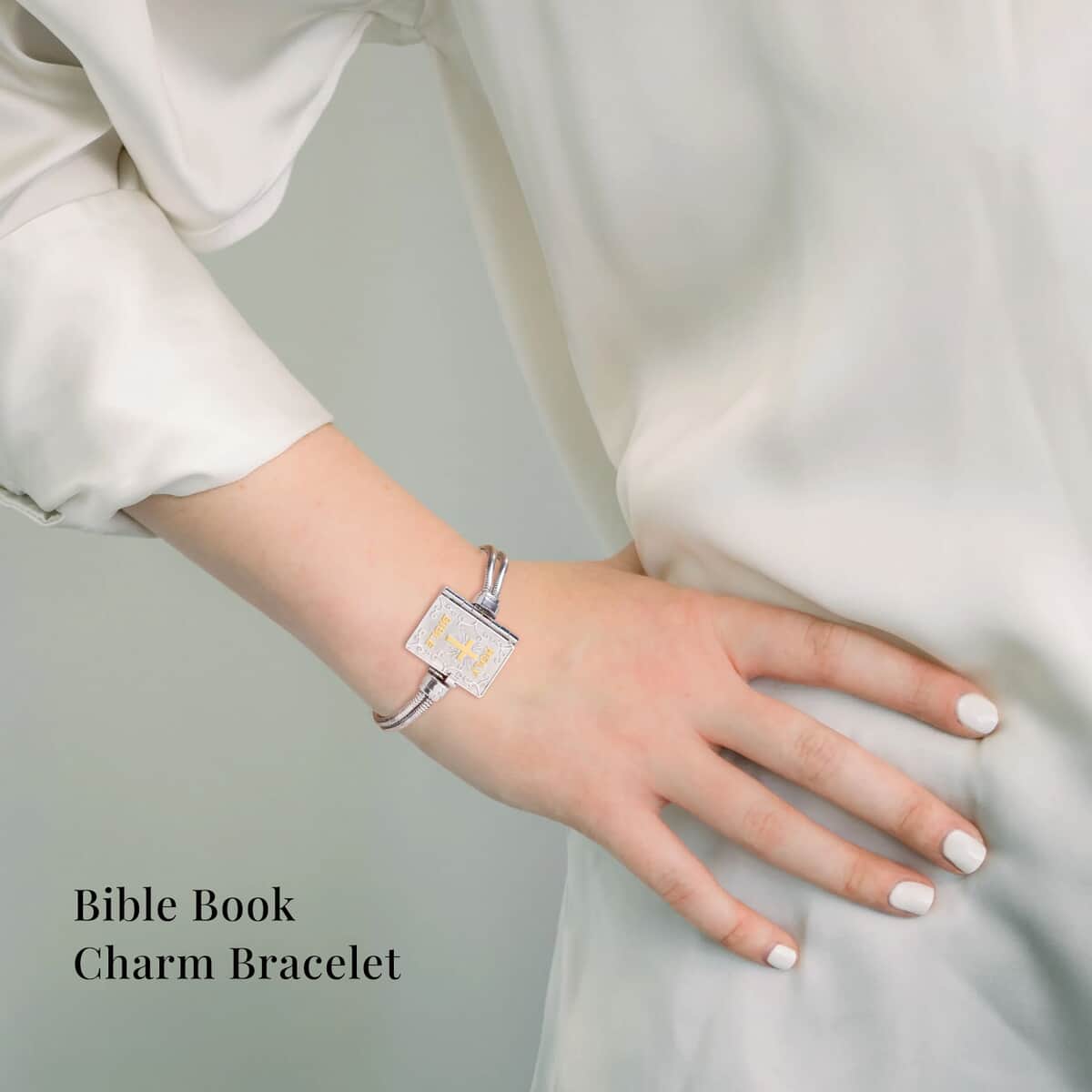 Bible Book Charm Bracelet in ION Plated YG and Stainless Steel (7.5-9.0In) image number 1