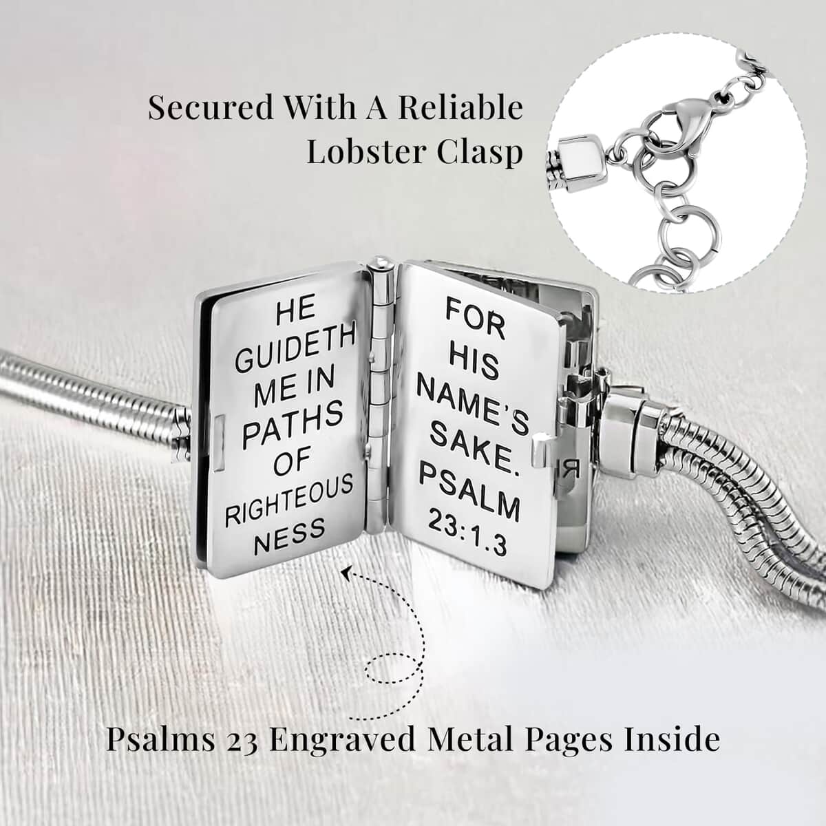 Bible Book Charm Bracelet in ION Plated YG and Stainless Steel (7.5-9.0In) image number 2