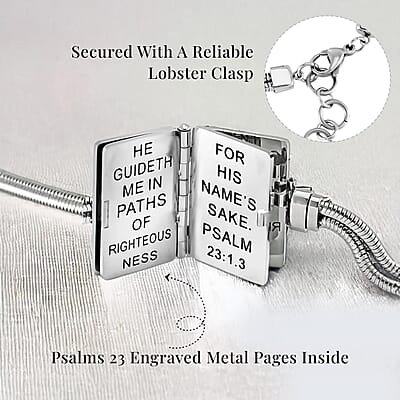 Bible Book Charm Bracelet in ION Plated YG and Stainless Steel (7.5-9.0In)