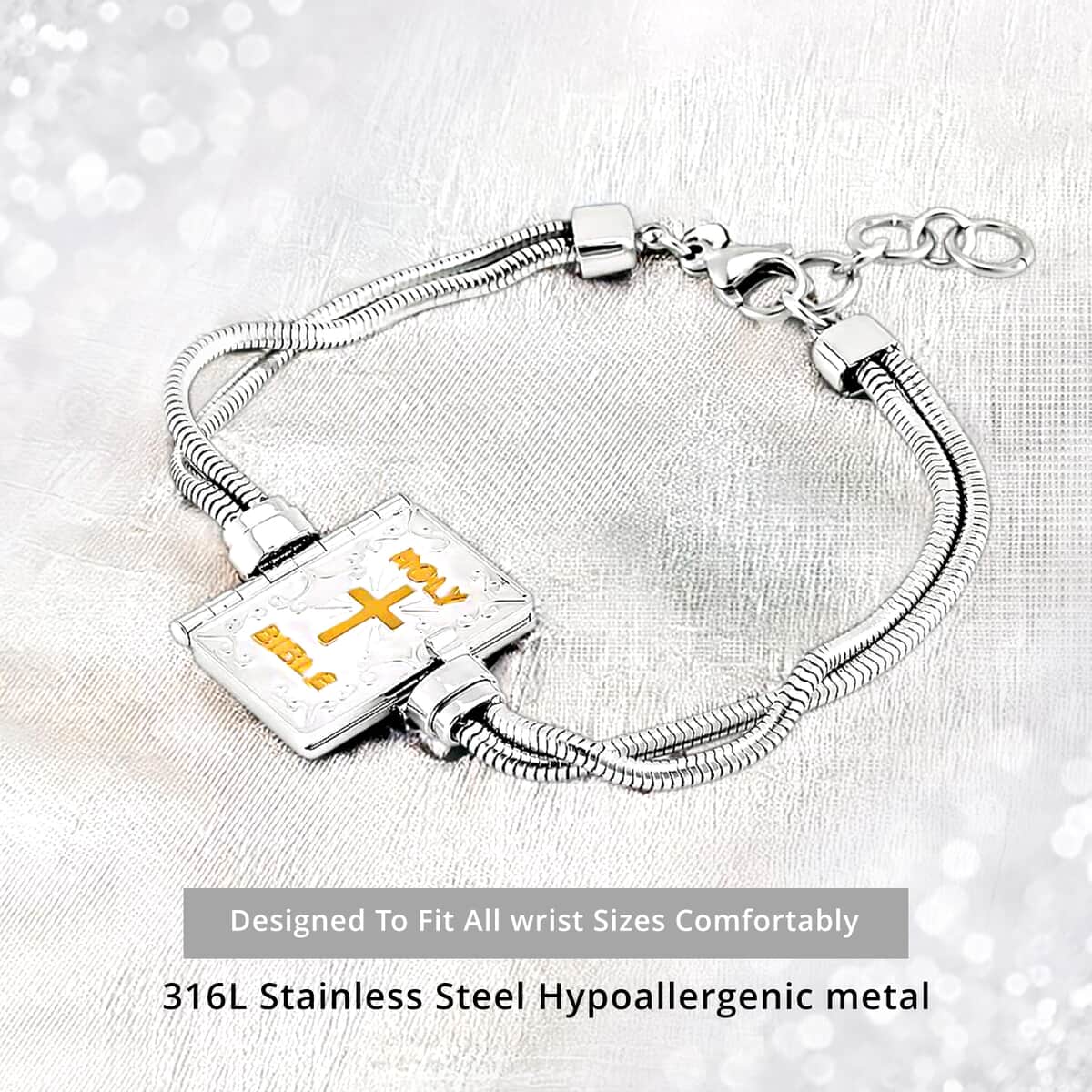 Bible Book Charm Bracelet in ION Plated YG and Stainless Steel (7.5-9.0In) image number 4