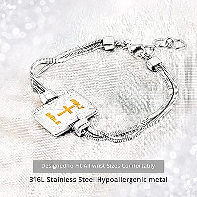 Bible Book Charm Bracelet in ION Plated YG and Stainless Steel (7.5-9.0In)