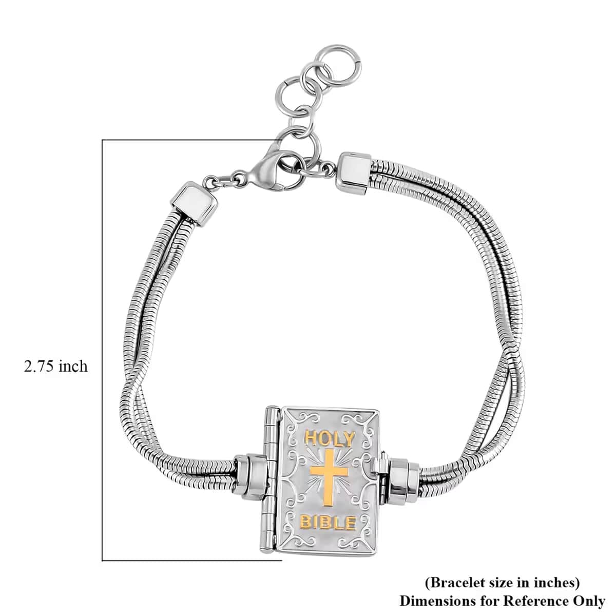 Bible Book Charm Bracelet in ION Plated YG and Stainless Steel (7.5-9.0In) image number 6