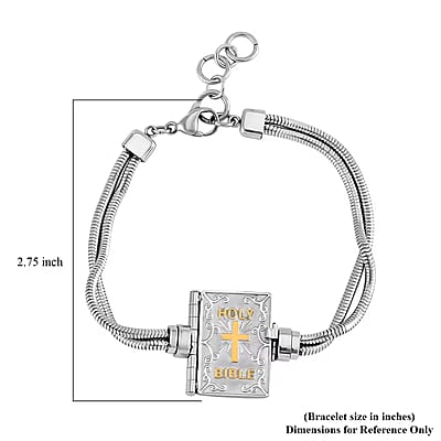 Bible Book Charm Bracelet in ION Plated YG and Stainless Steel (7.5-9.0In)