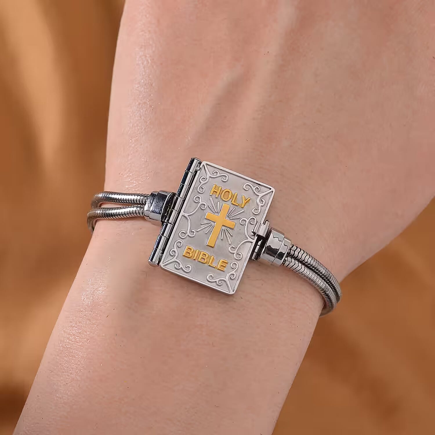 Bible Book Charm Bracelet in ION Plated YG and Stainless Steel (7.5-9.0In)