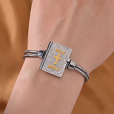 Bible Book Charm Bracelet in ION Plated YG and Stainless Steel (7.5-9.0In)