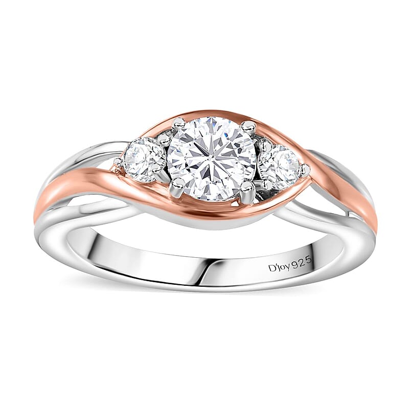 Moissanite 3 Stone Ring in 18K Vermeil RG and Rhodium Over Sterling Silver (Size 5.0) 0.55 ctw