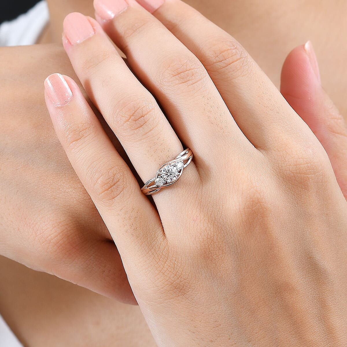 Moissanite 3 Stone Ring in 18K Vermeil RG and Rhodium Over Sterling Silver (Size 5.0) 0.55 ctw image number 2