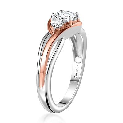 Moissanite 3 Stone Ring in 18K Vermeil RG and Rhodium Over Sterling Silver (Size 5.0) 0.55 ctw