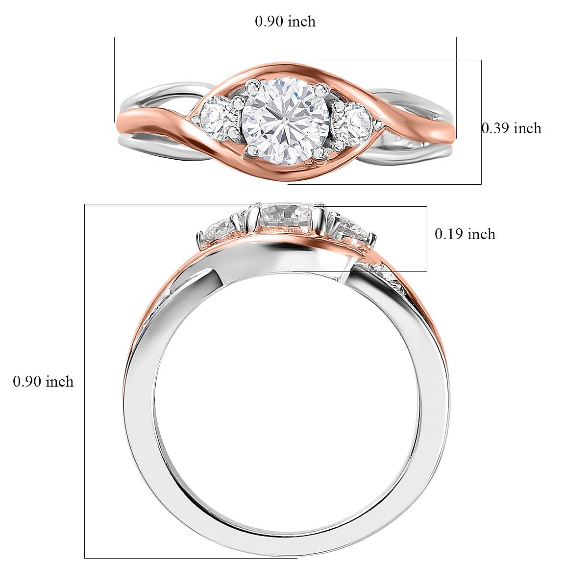 Moissanite 3 Stone Ring in 18K Vermeil RG and Rhodium Over Sterling Silver (Size 5.0) 0.55 ctw
