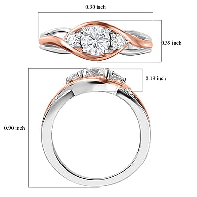 Moissanite 3 Stone Ring in 18K Vermeil RG and Rhodium Over Sterling Silver (Size 5.0) 0.55 ctw